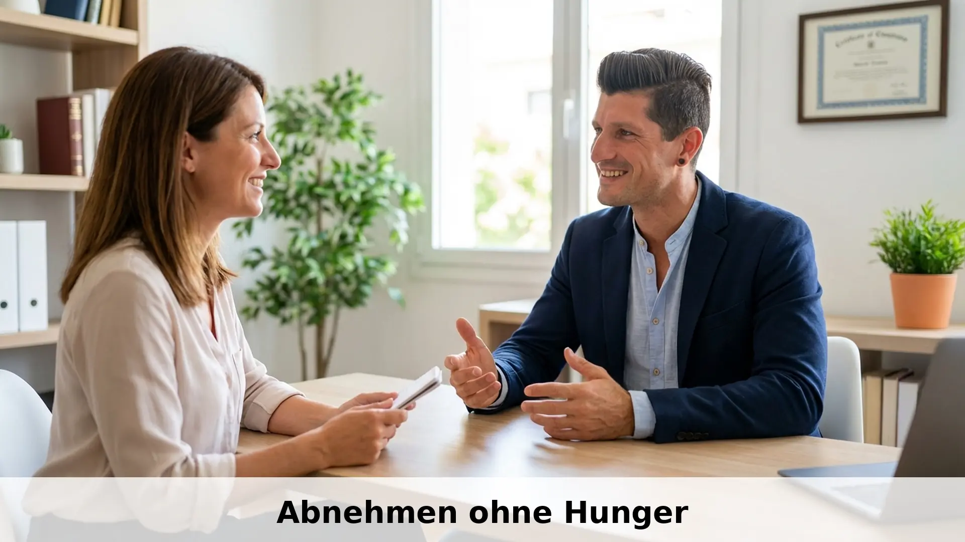 Professioneller Abnehmcoach Frank im Beratungsgespräch mit Klientin zum Thema Abnehmen ohne Hunger