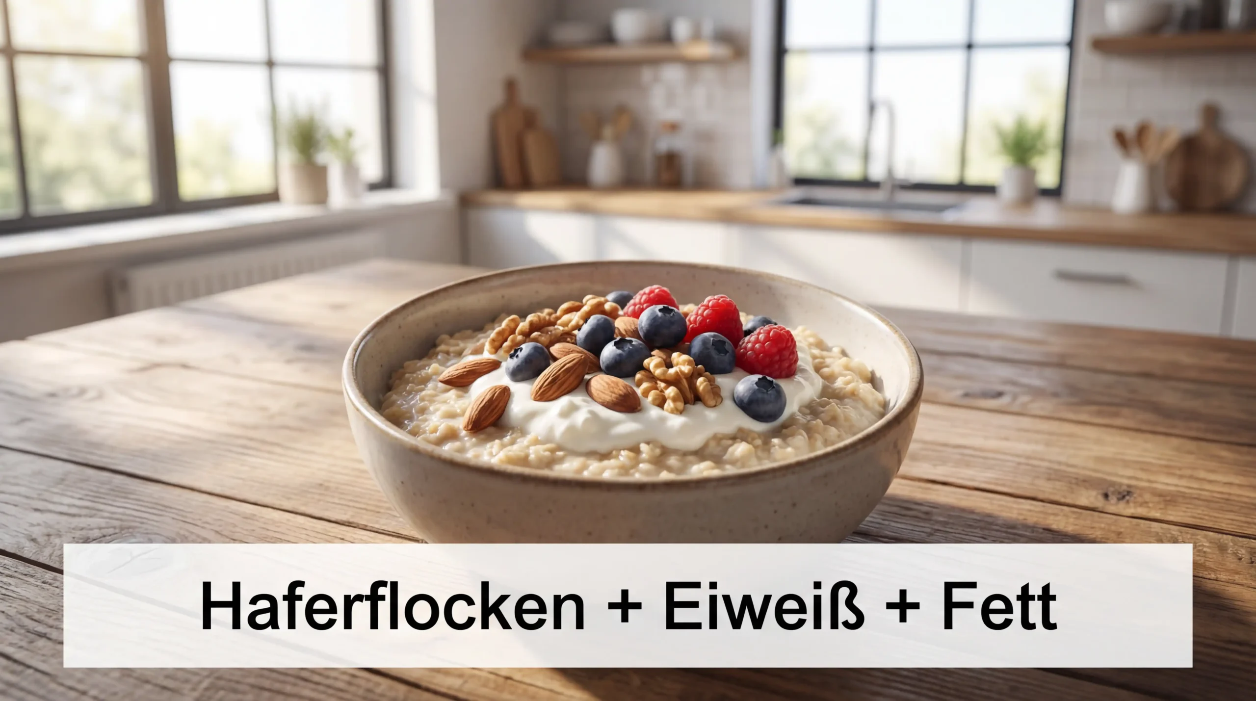 Gesunde Haferflocken-Mahlzeit mit Quark, Nüssen und Beeren